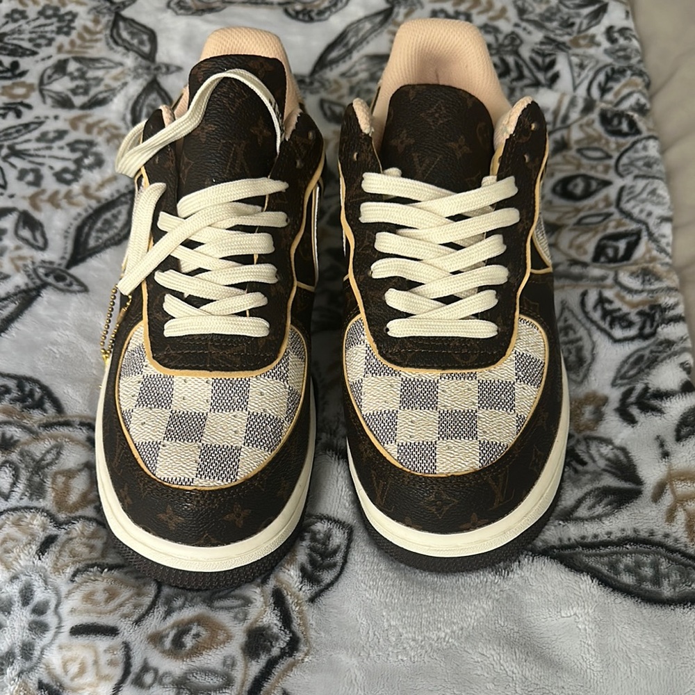 Brown and Cream Sneakers with Checkerboard Pattern